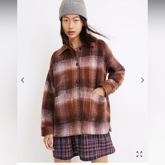Madewell Brushed Plaid Knit Shirt Jacket Faded Fig Button Pockets Women medium - Picture 13 of 16